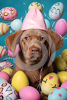 A cute photo of a puppy wearing bunny ears and surrounded by Easter eggs
