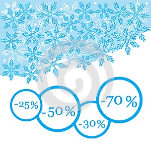 Cute picture with snowflakes and discounts in circles.