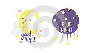 Cute Pictures with Good Night Inscription for Nursery Vector Set