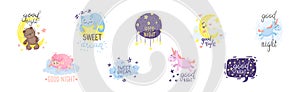 Cute Pictures with Good Night Inscription for Nursery Vector Set