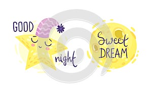 Cute Pictures with Good Night and Sweet Dreams Inscription for Nursery Vector Set