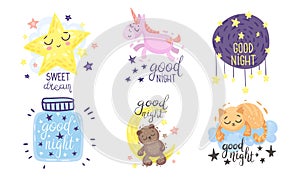 Cute Pictures with Good Night and Sweet Dreams Inscriptions Vector Set