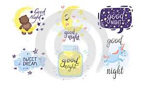 Cute Pictures with Good Night and Sweet Dreams Inscriptions Vector Set