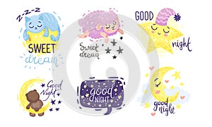 Cute Pictures with Good Night and Sweet Dreams Inscriptions Vector Set