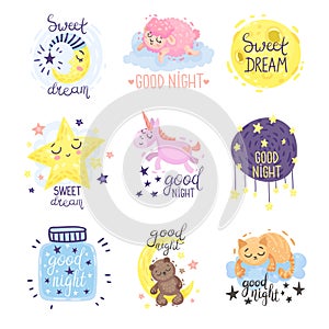 Cute pictures with the inscription Good night. Vector illustration on a white background.