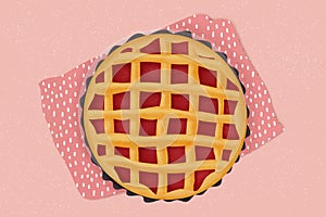 Cute pie illustration. Crostata cake drawing with jelly over a table cloth