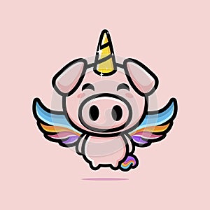 Cute pig animal cartoon character becomes a flying unicorn with colorful wings