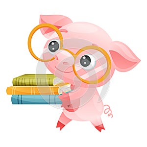 Cute Pig Animal in Glasses Carrying Pile of Books in Hard Cover for Reading Vector Illustration