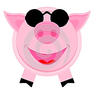 Cute pig in black round glasses. Vector cartoon illustration. Clipart and drawing on white background.  