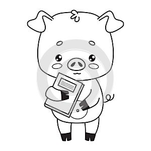 Cute pig with book. Outline animal cartoon character. Line drawing, coloring book. Vector illustration. Kids collection.