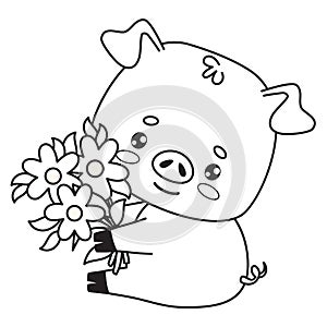 Cute pig with bouquet of flowers. Vector illustration. Happy outline animal cartoon character. Line coloring drawing