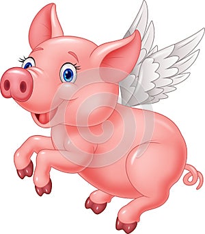 Cute pig cartoon flying on white background