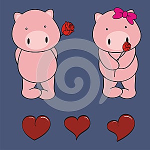 Cute pig cartoon holding a red rosse valentine set collection