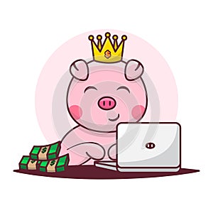 Cute Pig Cartoon With Laptop and Money cash, Technology Animal Business Finance Icon Concept Vector Illustration