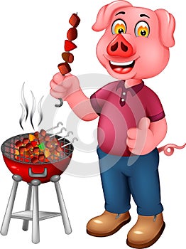 Cute pig cartoon standing roasting meat with smile and thumb up