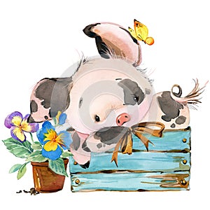 Cute pig. cartoon watercolor animal illustration.