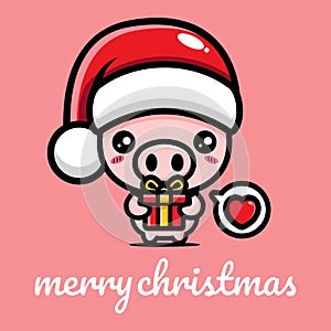 Cute pig character celebrating christmas holding gift box