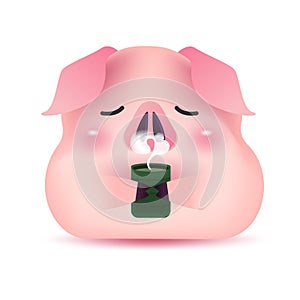 Cute pig character drinking tea. 2019 Chinese New Year.