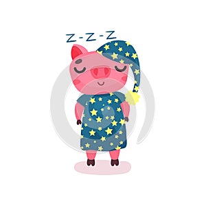 Cute pig character wearing blue pajamas and hat standing and sleeping, funny cartoon piggy animal vector Illustration