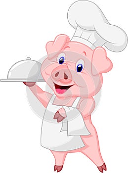 Cute pig chef cartoon holding platter