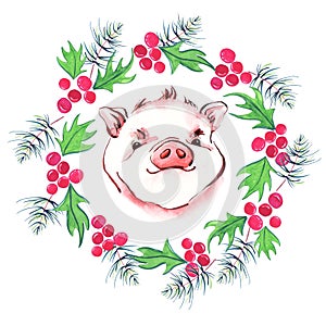 Cute pig and and christmas wreath. New year 2019 card.