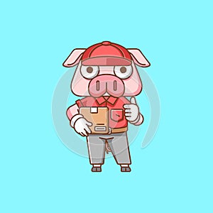 Cute pig courier package delivery animal chibi character mascot icon flat line art style illustration concept cartoon