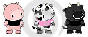 Cute pig cow bull kawaii cartoon standing set collection