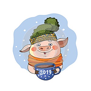 A cute pig with a cup, in a green hat and an orange scarf.