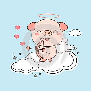 Cute pig cupid  with heart and arrow