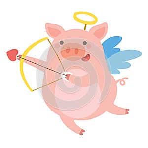 Cute Pig cupid shoots a bow.