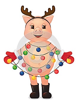 Cute pig with deer horns and Christmas garland.
