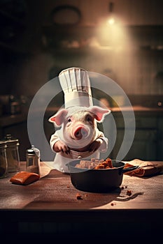 A cute pig dressed as a chef, in the kitchen, cooking. Generative AI