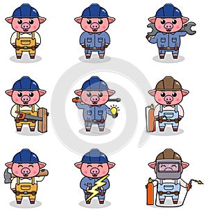 Cute Pig engineers workers, builders characters isolated cartoon illustration.