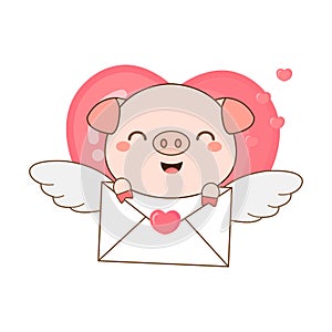 Cute pig with envelope and heart