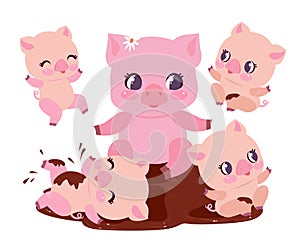 Cute Pig Family Bathe Dirt Puddle Flat Vector Illustration. Happy Chubby Baby Swine Play in Dirty Mud. Pink Young Piglet photo