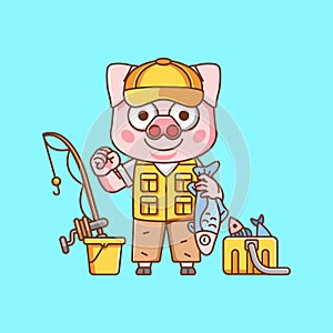 Cute pig fisher fishing animal chibi character mascot icon flat line art style illustration concept cartoon