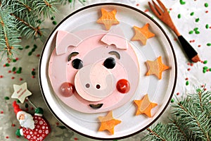 Cute pig food art idea for children`s breakfast 2019. Top view