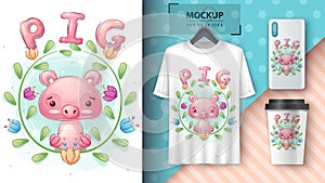 Cute pig in forest - poster and merchandising.