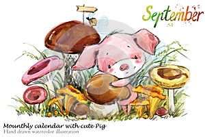 Cute pig hand drawn watercolor illustration.