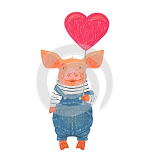 Cute pig holding heart