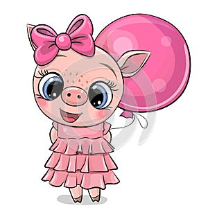 Cute Pig in pink dress with balloon