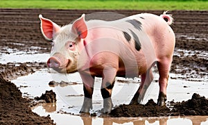 cute pig playing in a puddle of mud