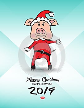 Cute pig in a Santa Cross dress with a red bag. And gift boxes with Christmas tree. vector illustration, Merry Christmas