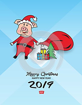 Cute pig in a Santa Cross dress with a red bag. And gift boxes with Christmas tree. vector illustration, Merry Christmas