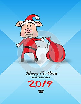 Cute pig in a Santa Cross dress with a red bag. And gift boxes w