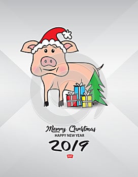 Cute pig in a Santa Cross dress with Santa`s hats And gift boxes with Christmas tree. vector illustration, Merry Christmas