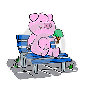 Cute pig sitting on a bench and eating ice cream