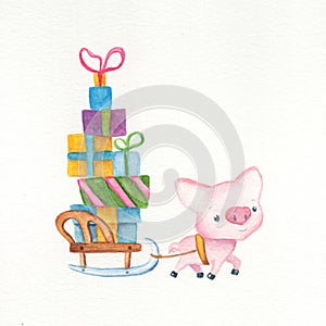 Cute pig and sleigh with Christmas gifts. 2019 chinese calendar symbol animal. Pig watercolor illustration.