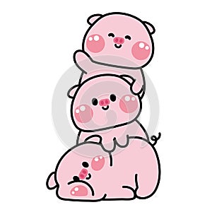 Cute pig stay on top each other greeting.Farm animal character cartoon design