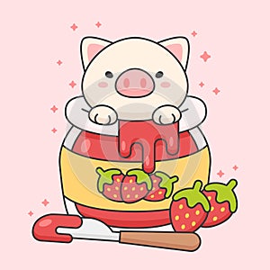 Cute pig in a strawberry jam jar